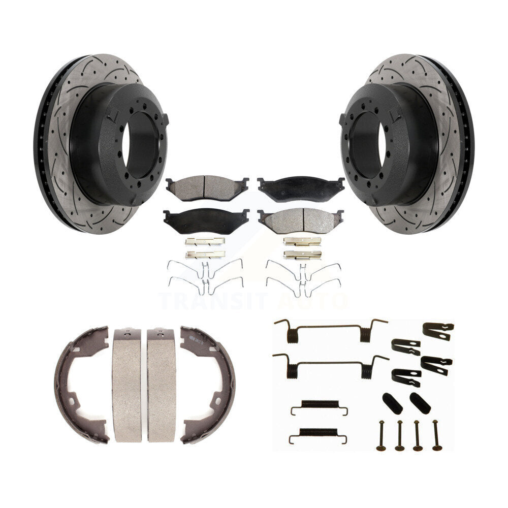 Disc Drilled & Slotted Rotors Semi-Metallic Pads Parking Shoes Hardware Rear Kit For