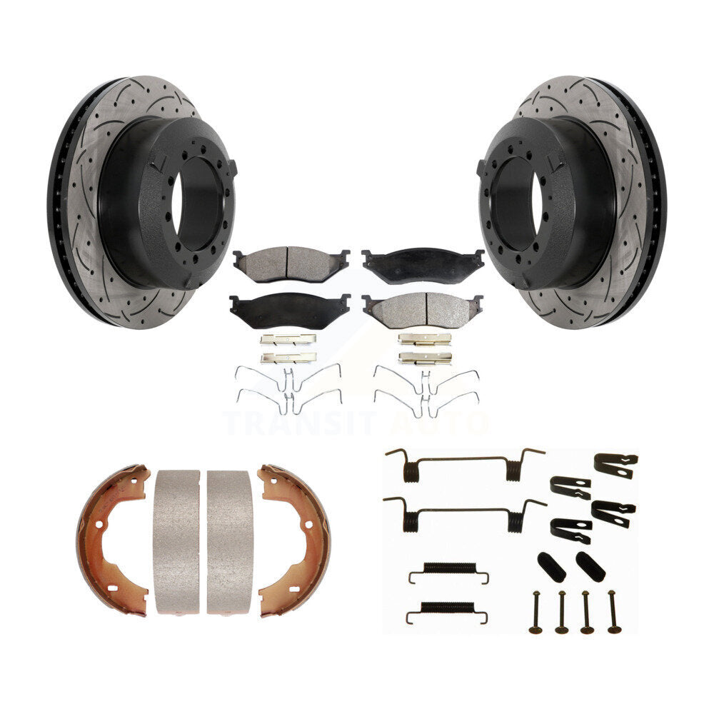 Disc Drilled & Slotted Rotors Semi-Metallic Pads Parking Shoes Hardware Rear Kit For