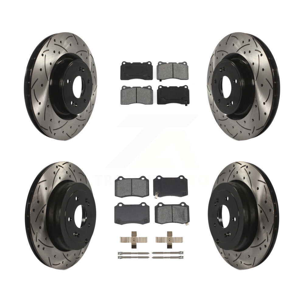 Coated Drilled Slotted Disc Brake Rotor And Semi-Metallic Pad Front Rear Kit For