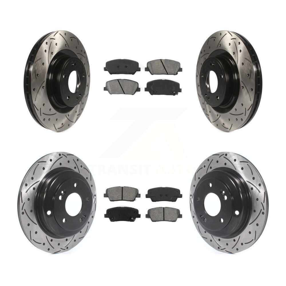 Coated Drilled Slotted Disc Brake Rotor And Semi-Metallic Pad Front Rear Kit For