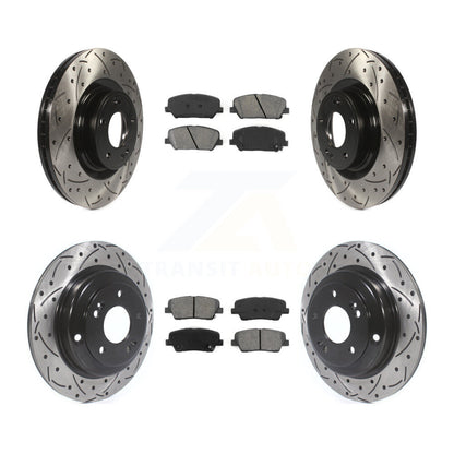 Coated Drilled Slotted Disc Brake Rotor And Semi-Metallic Pad Front Rear Kit For