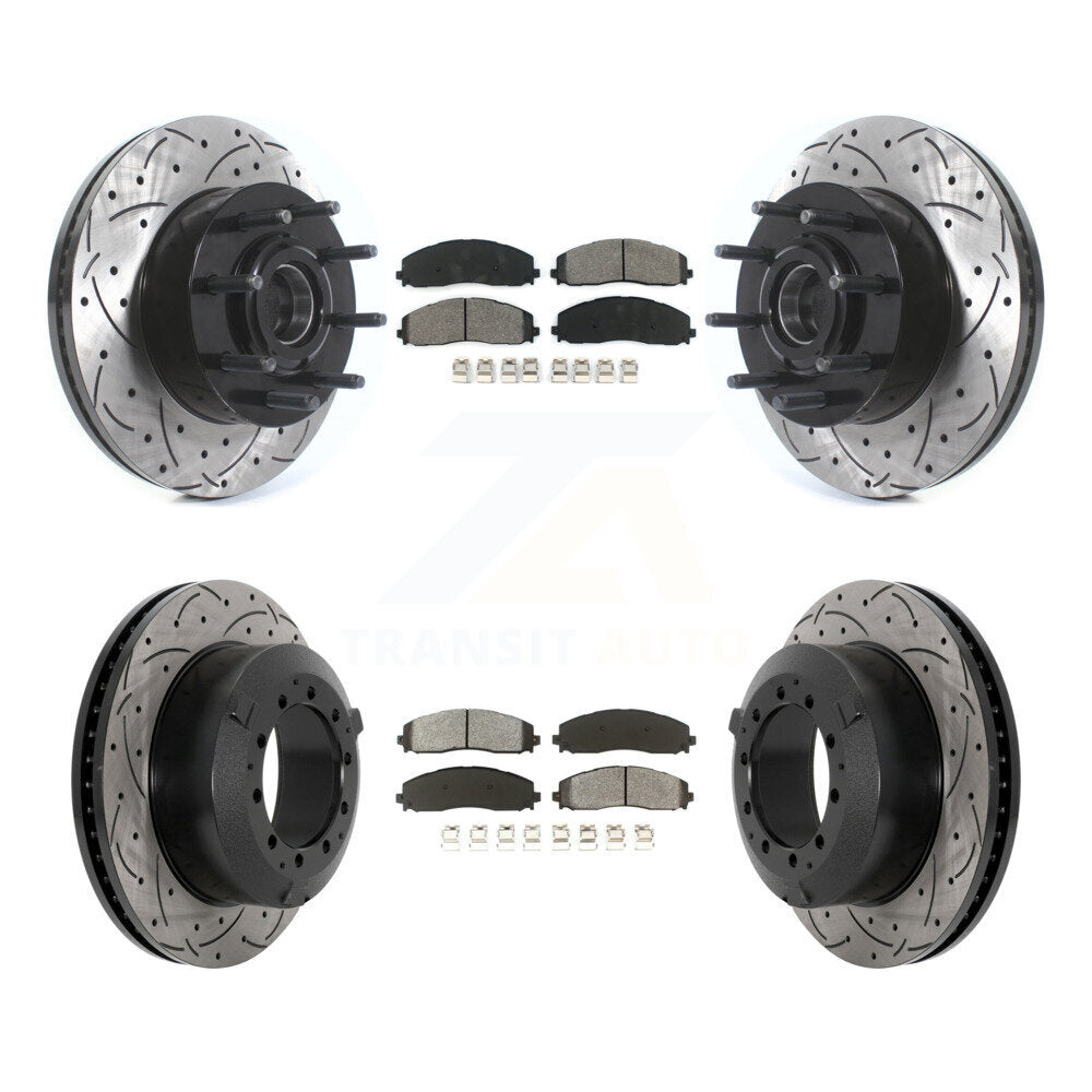Drilled Slot Disc Brake Rotors Hub Assembly Semi-Metallic Pad Front Rear Kit For