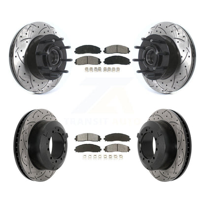 Drilled Slot Disc Brake Rotors Hub Assembly Semi-Metallic Pad Front Rear Kit For