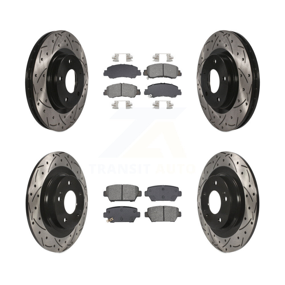 Coated Drilled Slotted Disc Brake Rotor And Semi-Metallic Pad Front Rear Kit For