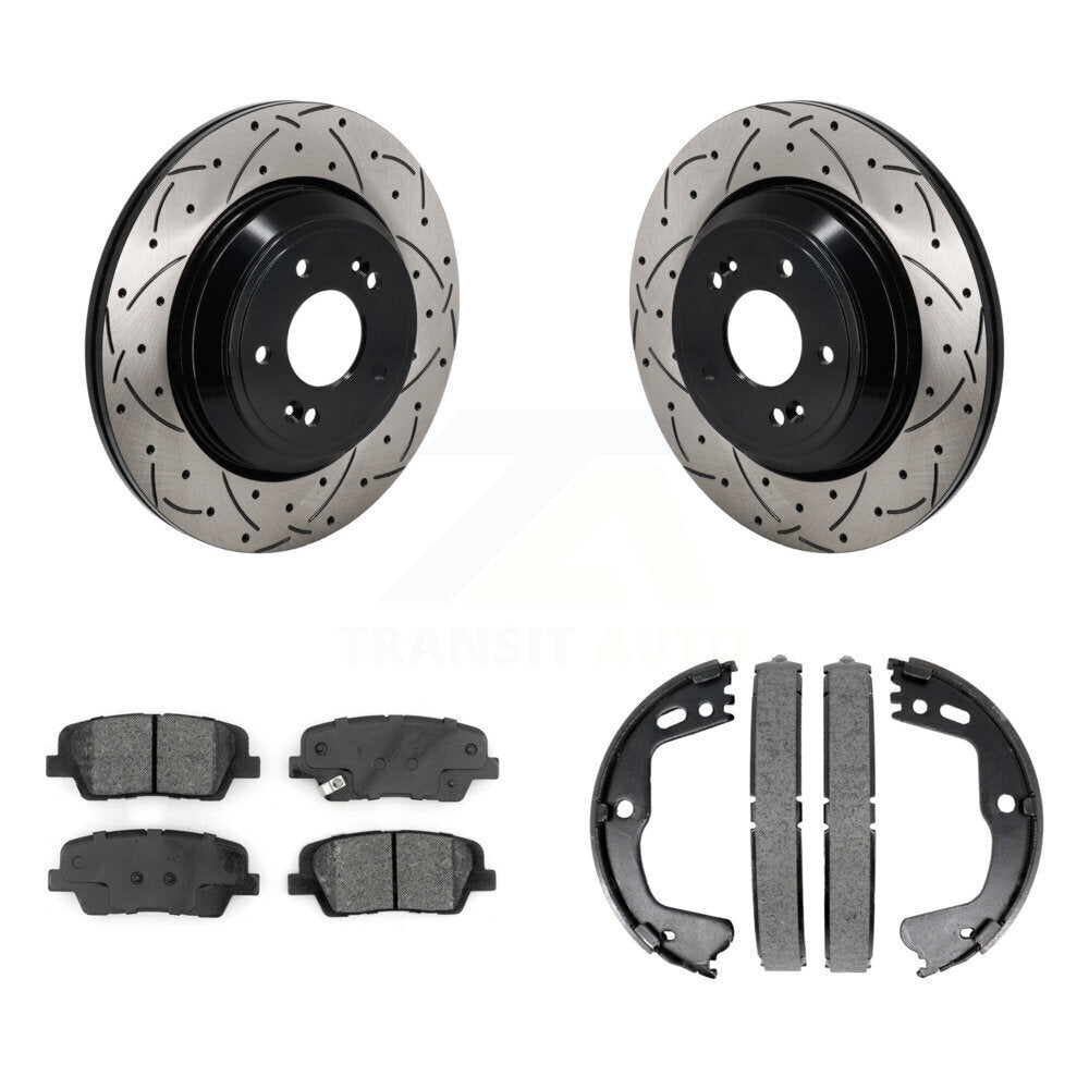Disc Drilled & Slotted Rotors Semi-Metallic Pads And Parking Shoes Rear Kit For