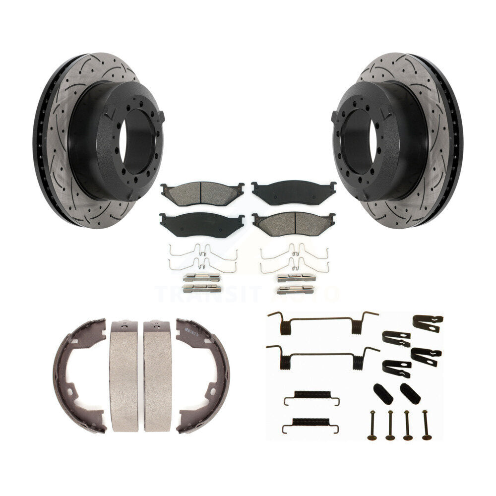 Disc Drilled & Slotted Rotors Semi-Metallic Pads Parking Shoes Hardware Rear Kit For