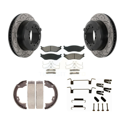 Disc Drilled & Slotted Rotors Semi-Metallic Pads Parking Shoes Hardware Rear Kit For