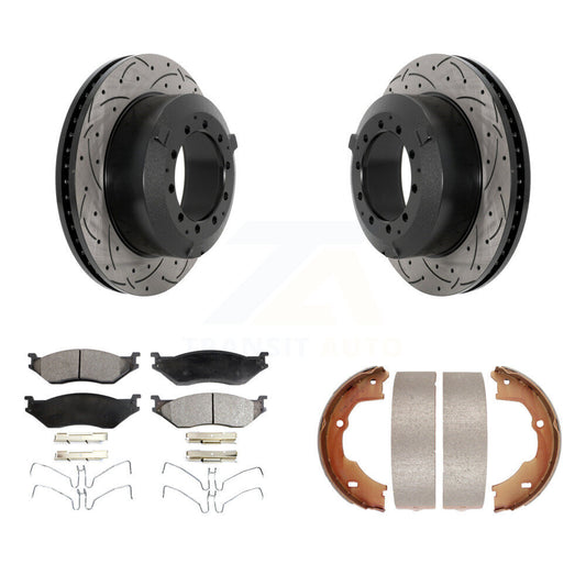 Disc Drilled & Slotted Rotors Ceramic Pads Parking Shoes Rear Kit For Ford F-450
