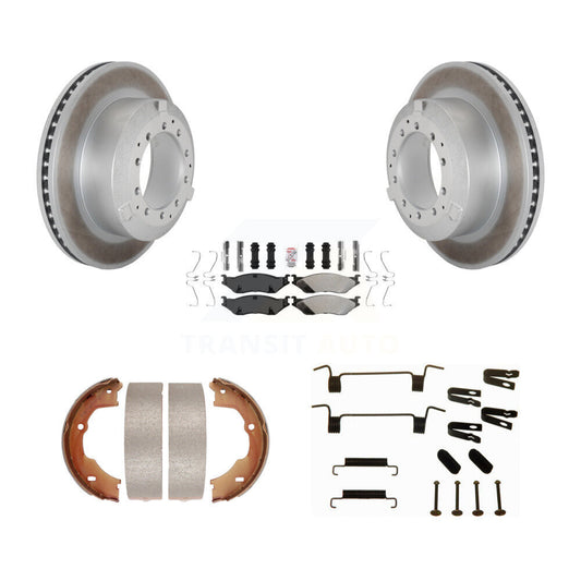 Disc Coated Rotors Semi-Metallic Pads Parking Brake Shoes Hardware Rear Kit For