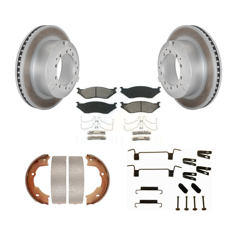 Disc Coated Rotors Semi-Metallic Pads Parking Brake Shoes Hardware Rear Kit For