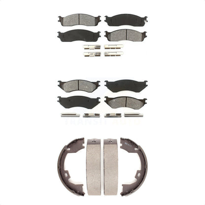 Semi-Metallic Brake Pads And Parking Shoe Front Rear Kit For Dodge Ram 1500 3500