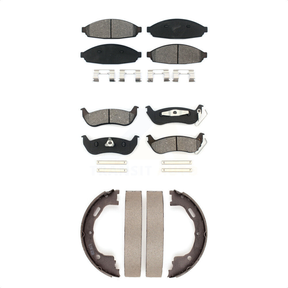 Semi-Metallic Brake Pads & Parking Shoe Front Rear Kit For Lincoln Town Car Ford