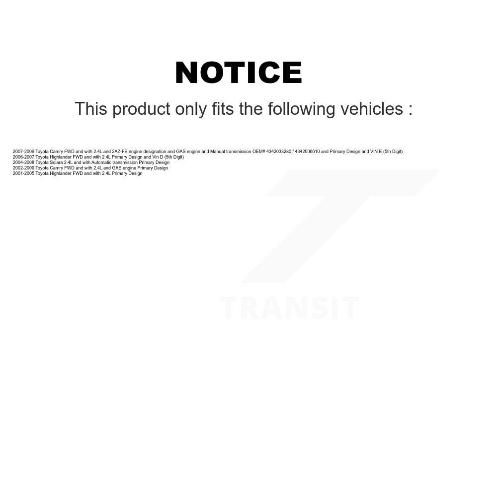 CV Axle Drive Shaft Assembly Front Kit For Toyota Camry Highlander Solara