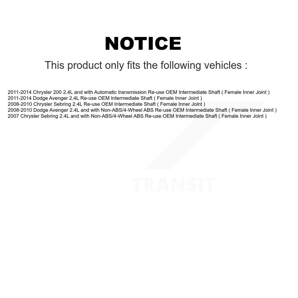 CV Axle Shaft And Bearing Front Right Kit For Chrysler 200 Dodge Avenger Sebring
